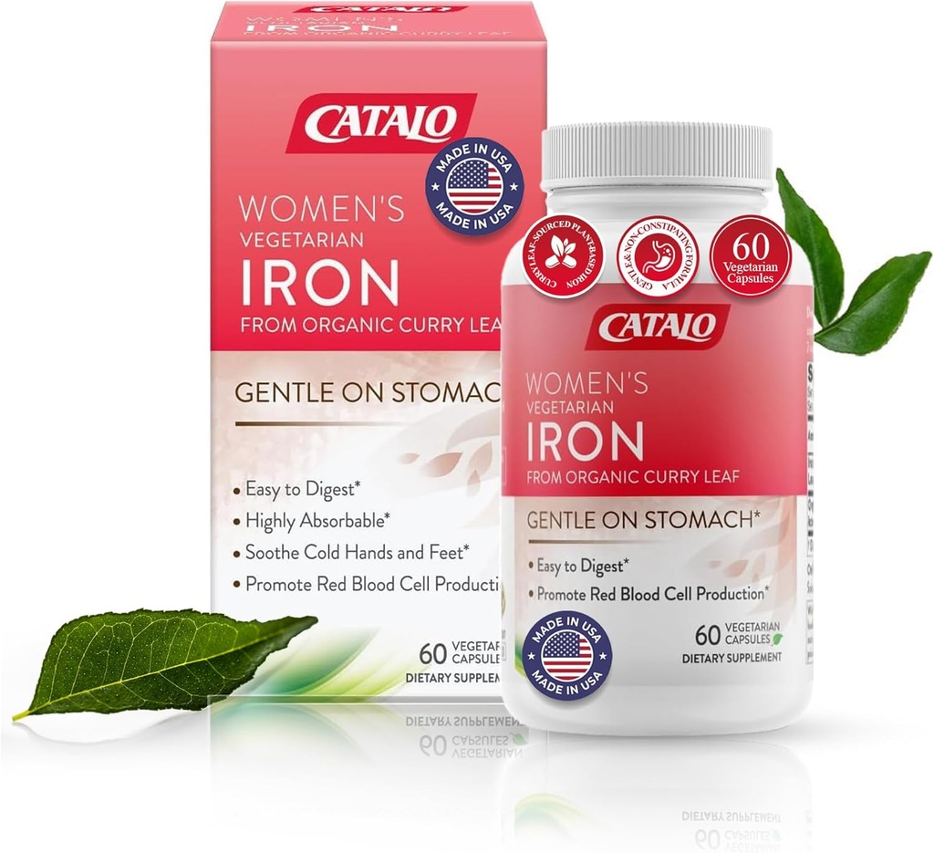 CATALO jerntilskud til kvinder med Økologisk Curry Leaf - blid, Høj Absorption, Vegetarisk-Friendly, Stomach- Easy Formel - 60 tabletter