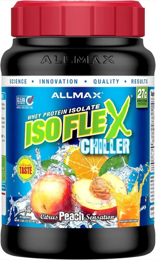 ALLMAX Nutrition ISOFLEX Chiller, Citrus Peach Sensation - 2 LB - 27 Gram protein Per Scoop - Zero Fat & Sugar - 99% laktosefri - ca. 28 Servere