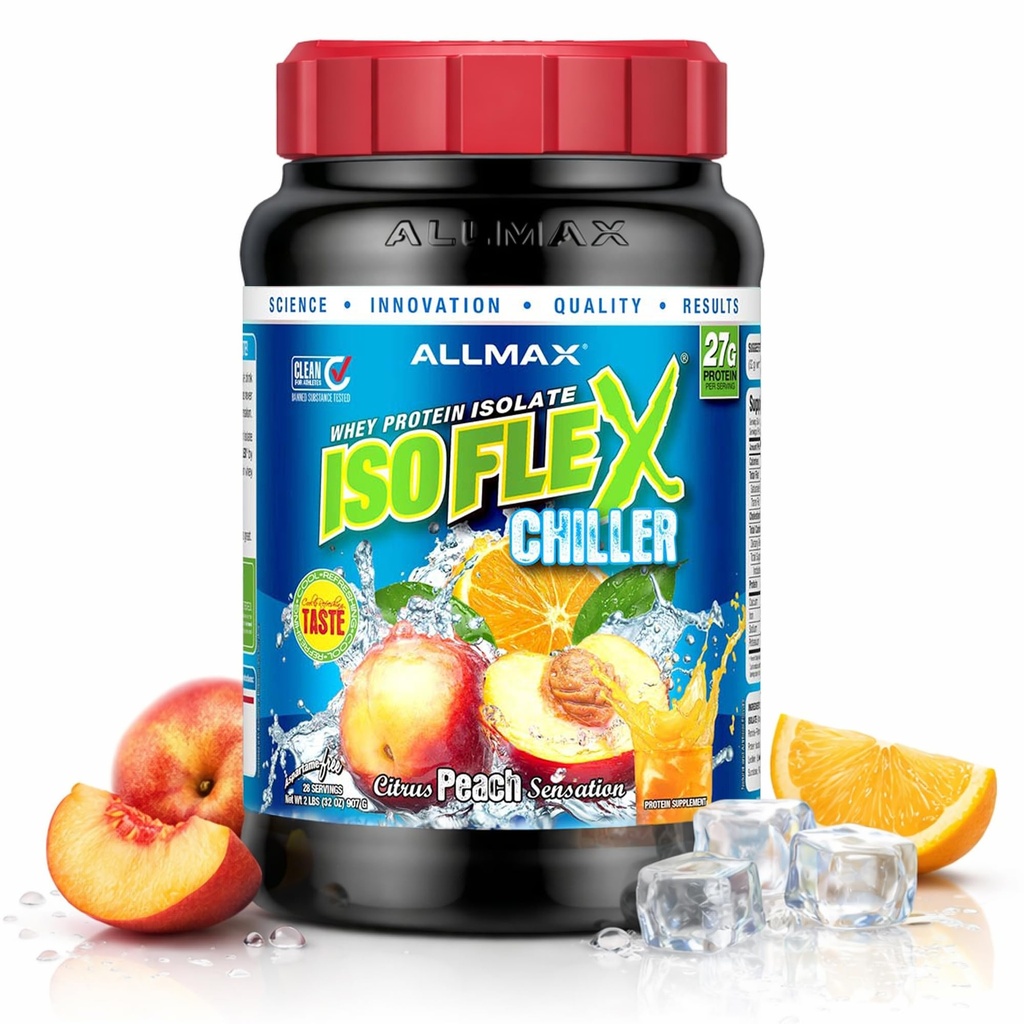 ALLMAX Nutrition ISOFLEX Chiller, Citrus Peach Sensation - 2 LB - 27 Gram protein Per Scoop - Zero Fat & Sugar - 99% laktosefri - ca. 28 Servere