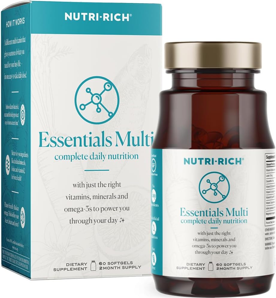 Nutrish-Rich Essentials Multi-124; Multivitamin med Fish Oil Omega-3 til mænd og kvinder, understøtter energi, immunforsvar, vitamin A, C, D3, E, K2, og zink, non-GMO, gluten fri (60 Greve)