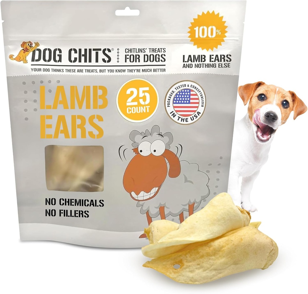 Hund Chits Lamb Øre til hunde - 100% Natural Baked Lamb Øre Hund Treatings - Grain-Free, High Protein, Lavere Fat Øre - Tandpleje & fælles støtte - for store, Medium Hunde - 25 Pack