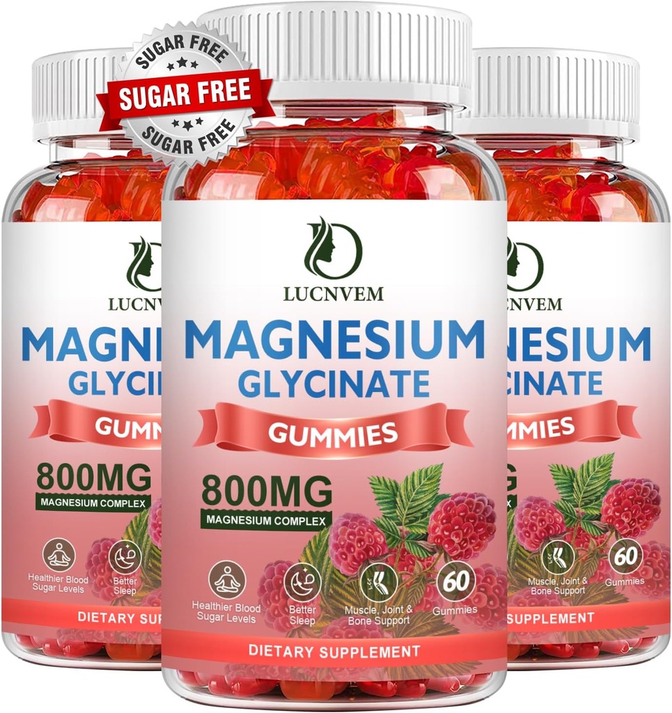 Sugar Free Magnesium Glycinate Gummies, 500mg Magnesium Glycinate with 200mg Magnesium Malate, Taurate, Oxide, COQ10, Vitamin B6 and D3, Relaxation, Calm Mood, 60 Raspberry Gummies(3 Pack)