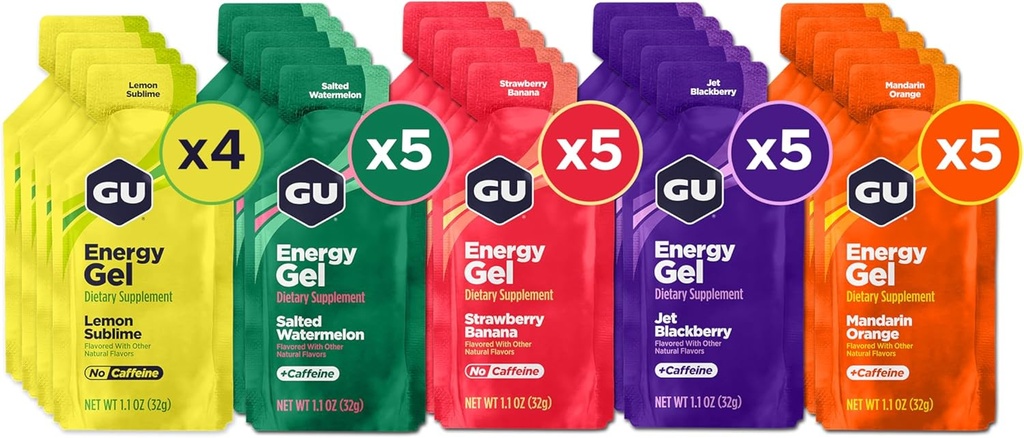 GU Energy Original Sports Nutrition Energy Gel, Vegan, Gluten- Free, Kosher, og Dairy- Free On- the- Go Energy for enhver træning, 24-greve, Assorted Fruity Flavors