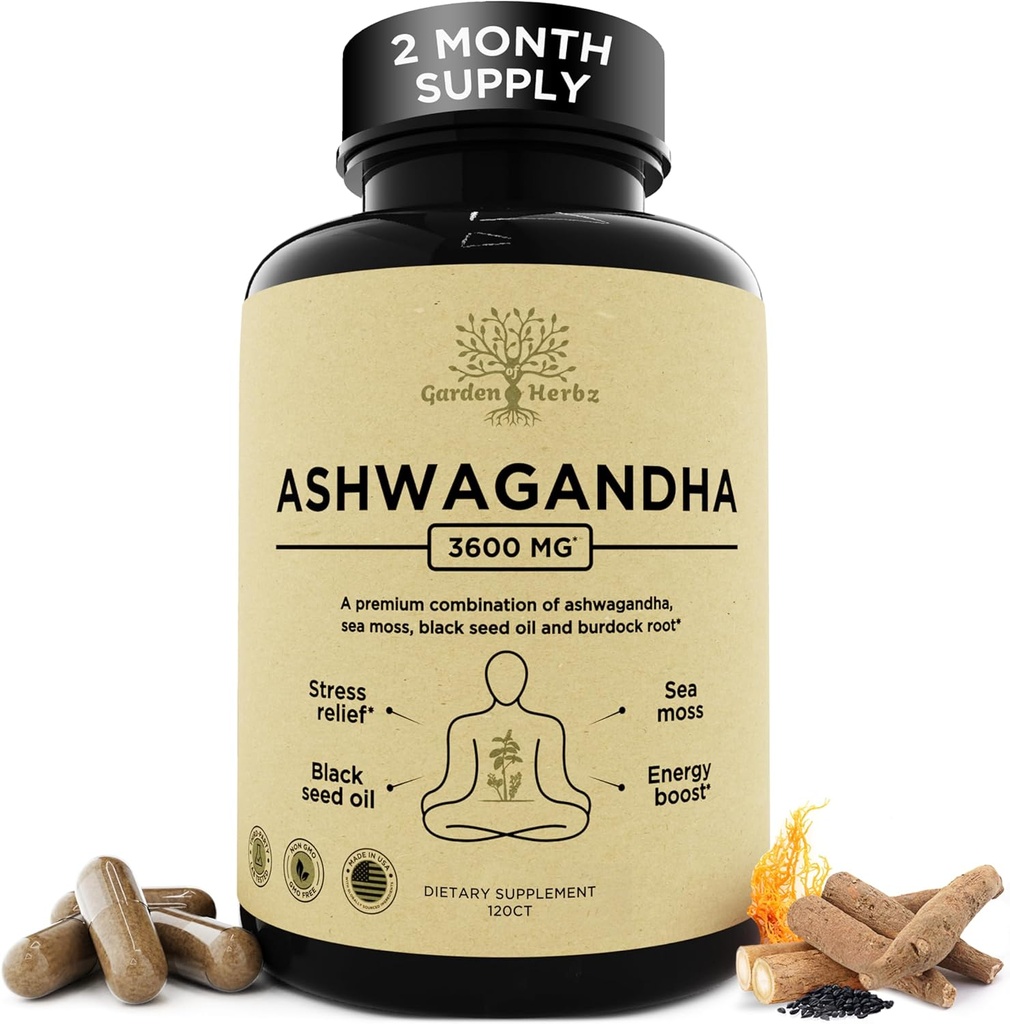 Organic Ashwagandha Root & Irish Sea Moss - 3.600 mg Ashwagandha tillæg med sort frø olie, & Burdock Root - Urtetilskud for energi, ro, mad, & wellness, 120 Caps