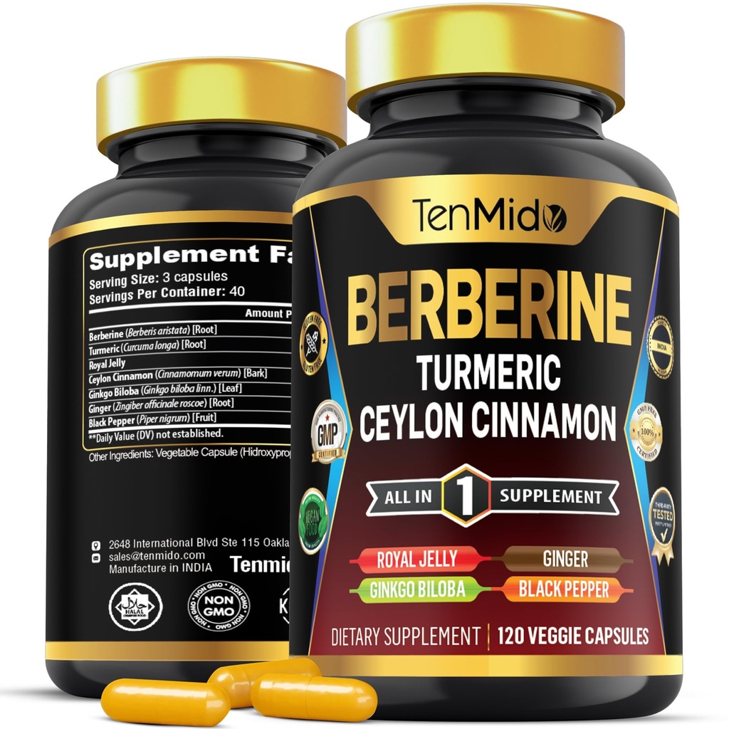 Berberine supplement - 7in1 Formel - Kombiner med gurkemeje, Royal Jelly, Ceylon kanel, Ginkgo Biloba, Ginger & Black Pepper - fordøjelsessygdomme, immunforsvar - 120 kapsler