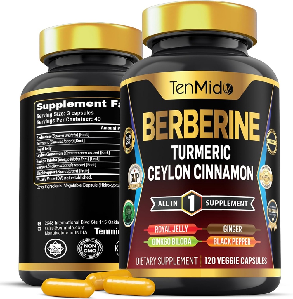 Berberine supplement - 7in1 Formel - Kombiner med gurkemeje, Royal Jelly, Ceylon kanel, Ginkgo Biloba, Ginger & Black Pepper - fordøjelsessygdomme, immunforsvar - 120 kapsler