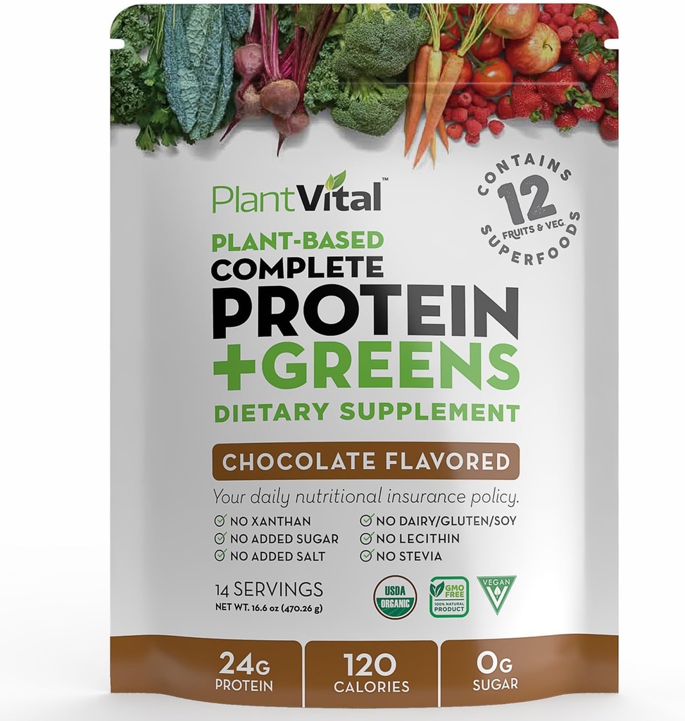 Plantvital Vegan Protein Powder Plant Based, Organic Protein Powder Chocolate 24g / 0g Sugar, 12 Superfoods, Veggies, Probiotika, Rå Kakao, Kale, Beets, Spirulina, Pea, Gluten- Free, Keto- Friendly, 16oz