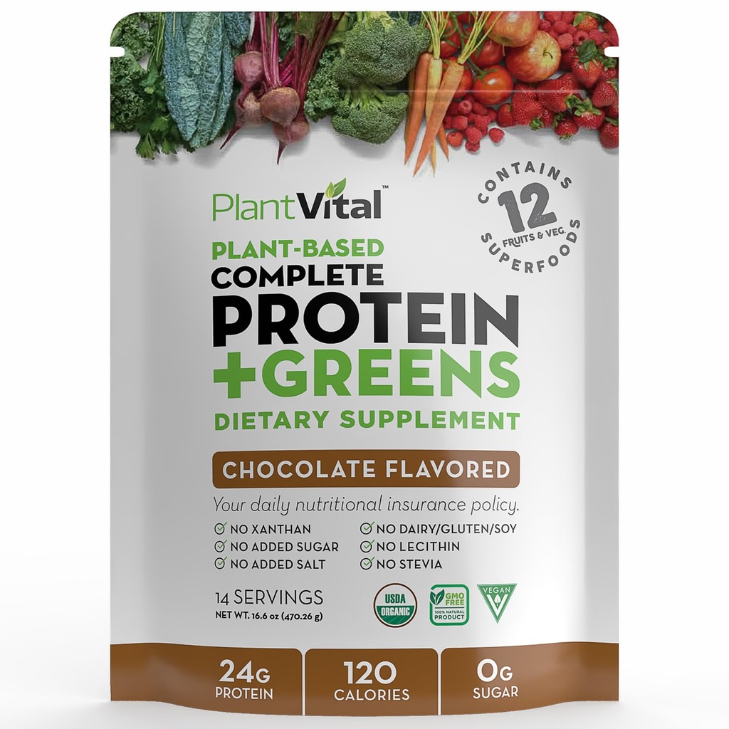 Plantvital Vegan Protein Powder Plant Based, Organic Protein Powder Chocolate 24g / 0g Sugar, 12 Superfoods, Veggies, Probiotika, Rå Kakao, Kale, Beets, Spirulina, Pea, Gluten- Free, Keto- Friendly, 16oz