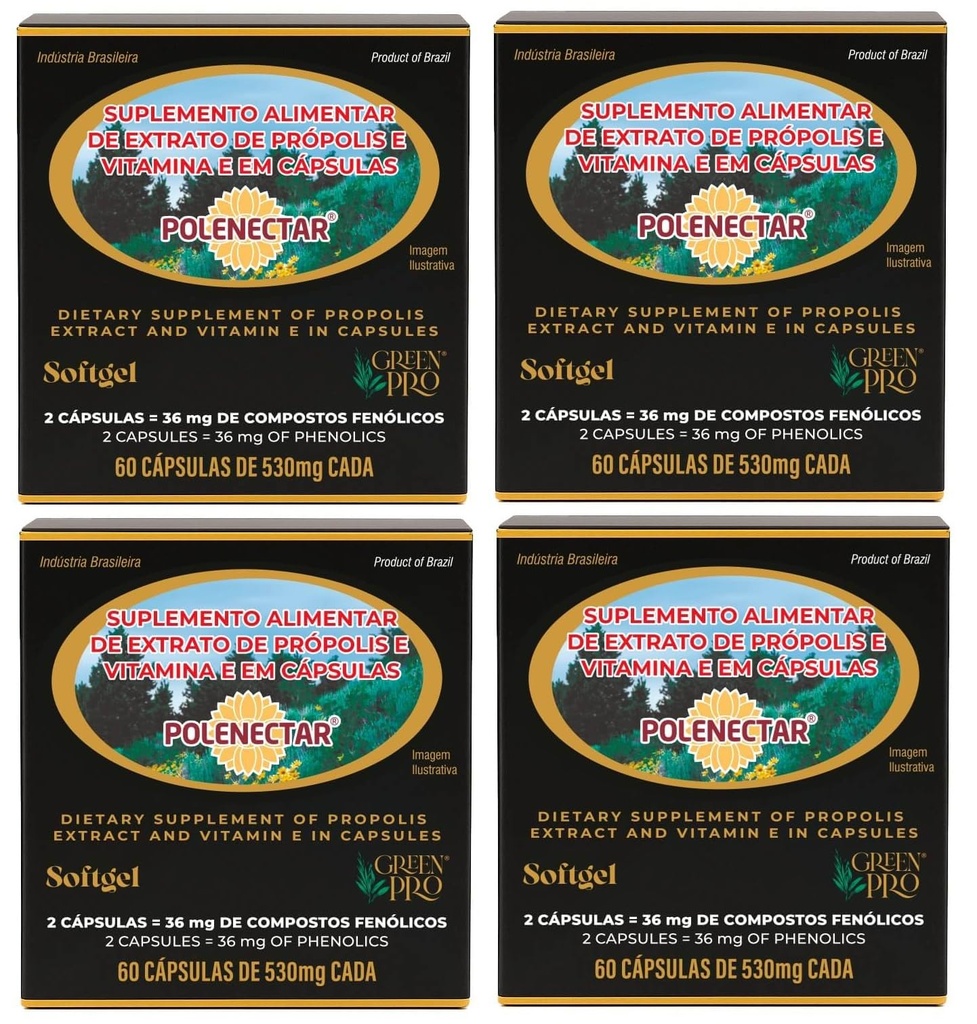 4 Æsker af Polenectar Brasilien Green Bee Propolis 300 Milligram (60 Softgels)