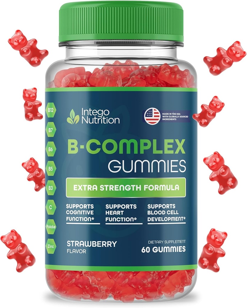 Vitamin B Complex Gummies for voksne, B Complex Vitamin supplement til kvinder og mænd, B Vitamin Complex Gummies for energi og hjerne sundhed, Natural Strawberry Flavor, 60 Greve