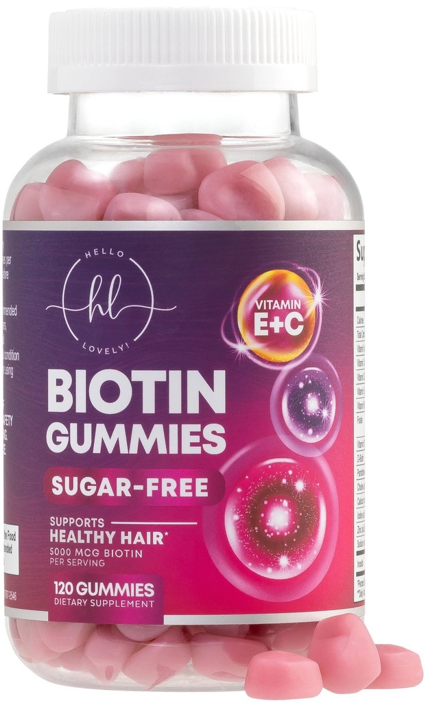 Hår Vitaminer Gummy med Biotin 5000 mcg - Hårvækst Support med Vitaminer E & C for Thicker, Stærkere & Smukke Hår - Hår Hud og negle Vitamin til kvinder, Non- GMO, Gluten Free - 120 Gummies