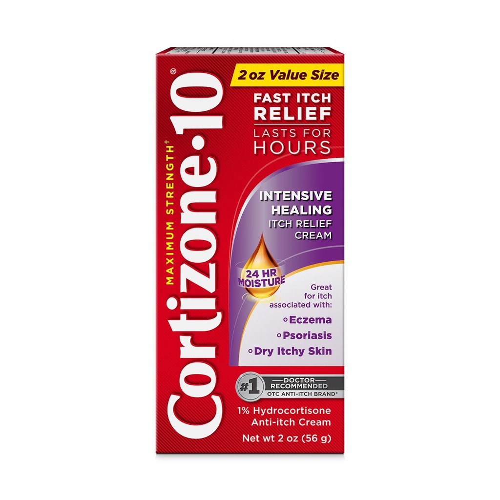 Cortison-10 Maksimal styrke Intensive Healing Itch Relief Cream, 1% Hydrocortison, Fast- Action- Action-, Anti- Itch Cream for Bug Bites, Udslæt, Eksem, Psoriasis, Gift Ivy, Oak, Sumac & Mere, 2 oz