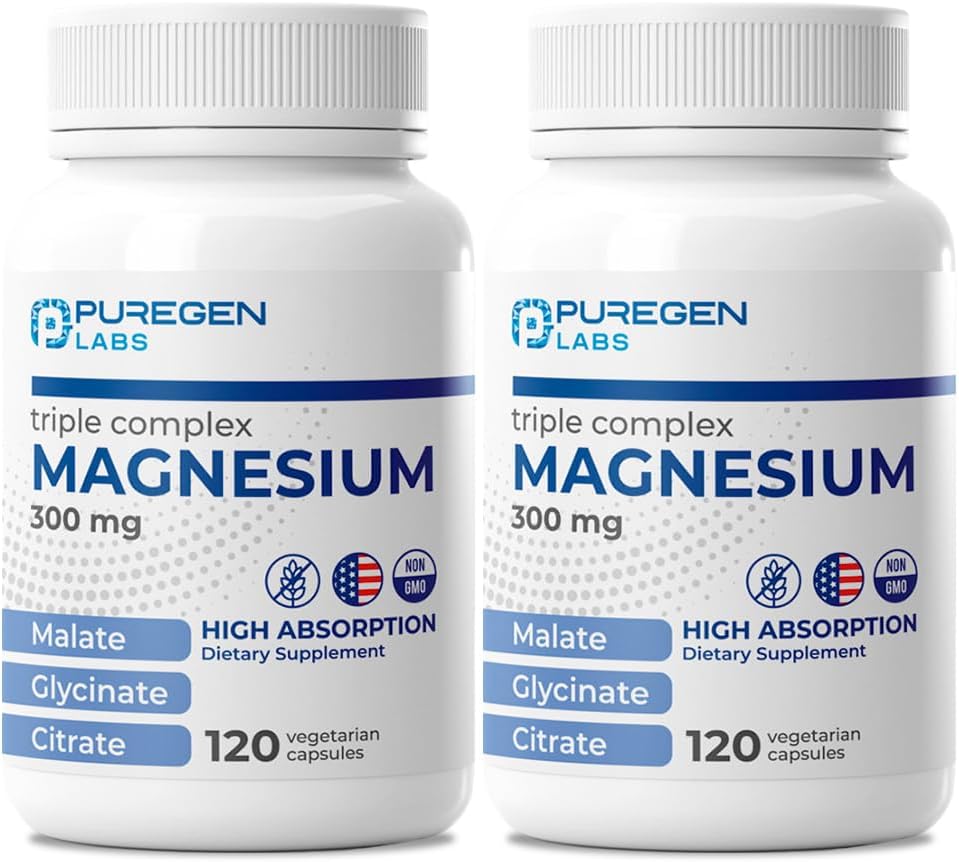 Puregen Labs Triple Magnesium Complex 300mg Magnesium Glycinat, Malat, & Citrat [Høj Absorption] Total 240 Veg Kapsler 124; Ingen Farlige Tilsætningsstoffer • 124; Non- GMO, NO Gluten og Dairy • 124; Fremstillet i USA