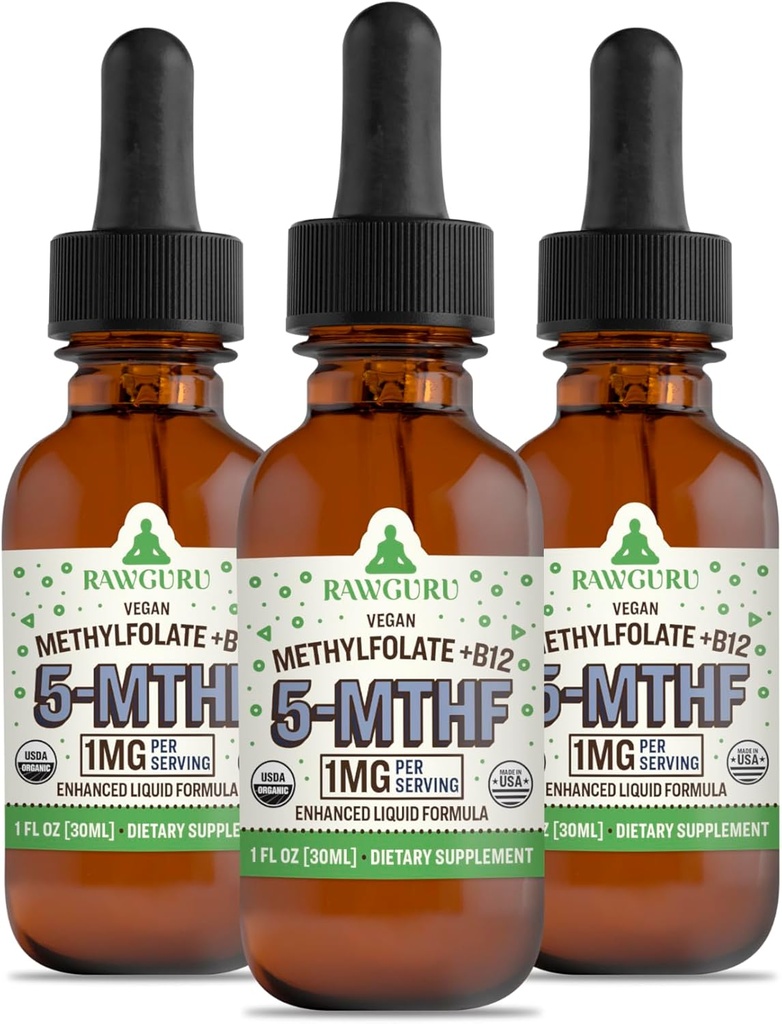 RawGuru Methylfolat 1mg + vitamin B12 - Organic Vegan Methylerede B12 med spor Minerals - Nano- Forarbejdede & Forstærket flydende formel - 300 Serveringer af Vegan Drops pr 30 ml, pakke med 3