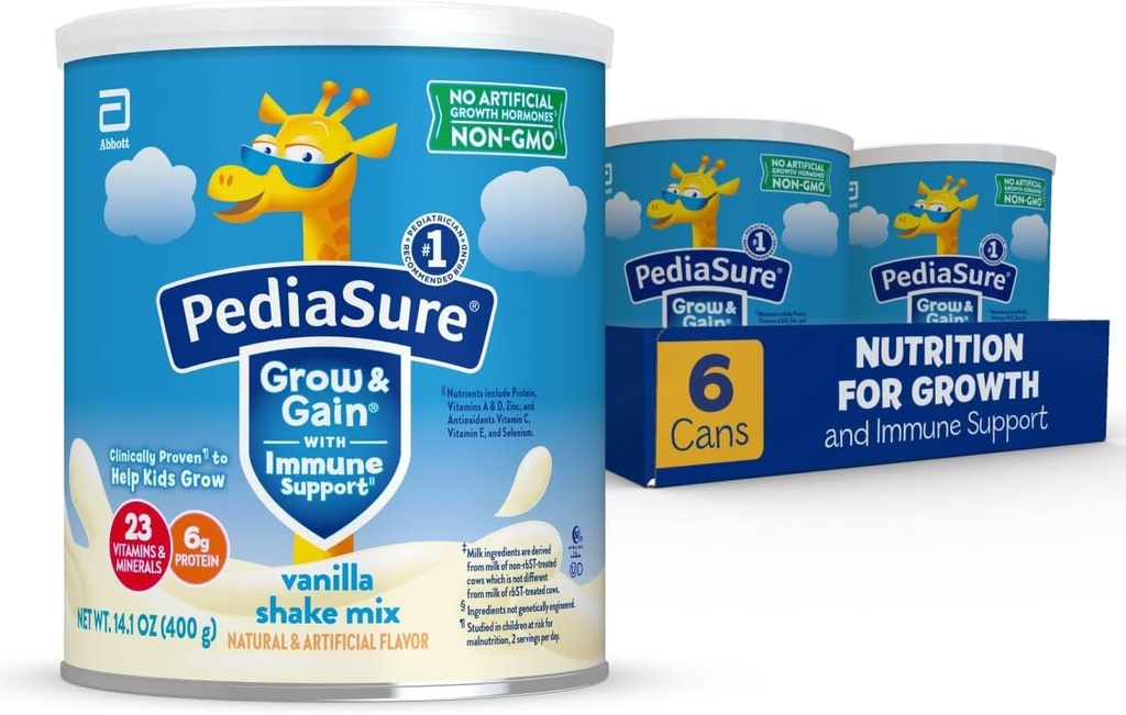 PediaSure Grow & Gain med immunforsvar Ryst Mix Powder, 23 Vitamin & Min, 6g Protein, Non- GMO, Gluten- Free, Kids Nutrition, Vanilla, 14.1 oz Can, Pack af 6-48 portioner