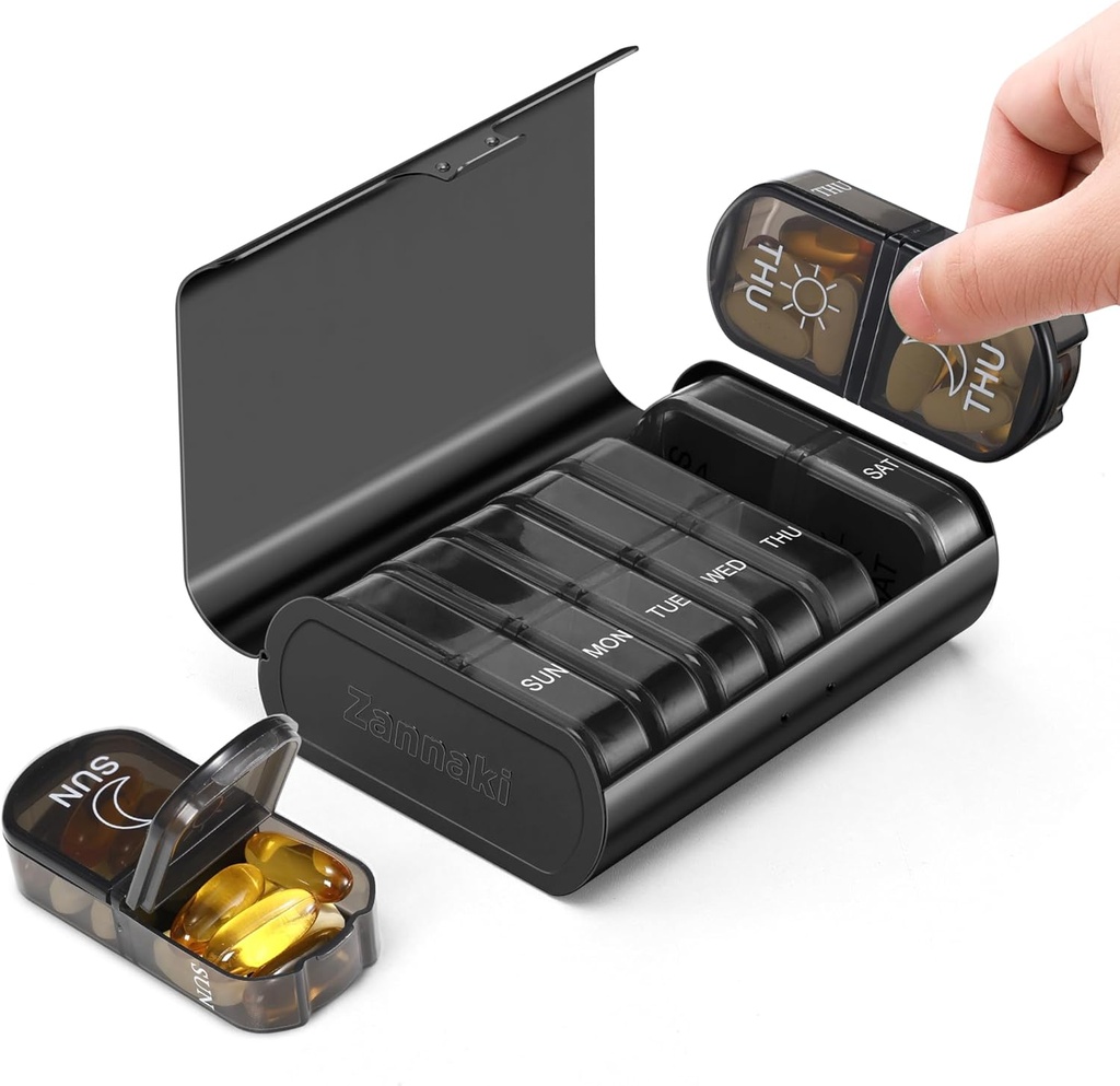 Zannaki Metal XL Weekly Pill Organizer 2 gange om dagen, Stor rejse Daily Pill Box 7 dag, Portable Uge To Pill Holder Container, AM PM Pill sag for medicin Vitamin Medicin supplement, sort
