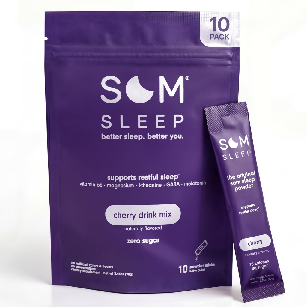 Som søvn, rolig søvn pulver drik mix w / Melatonin, Magnesium, vitamin B6, L- Theanine & GABA - Vegan, Zero Sugar, Keto Friendly - Cherry, 10- Pack