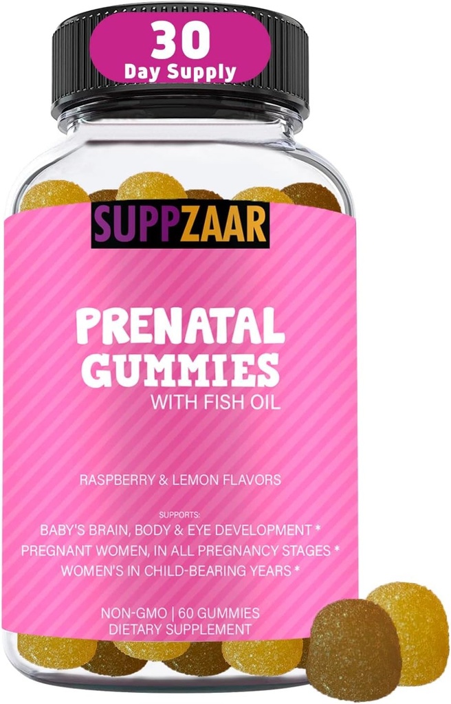 Prenatal Vitamin Gummier med DHA, Folinsyre, Fish Oil, Jod, Biotin & Vitamin A C D E B6 B12 - Lækre Prenatale Vitaminer til støtte for kvinders sundhed og velvære - 60 Gummier