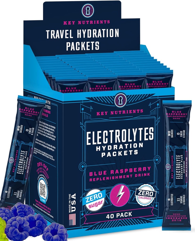 KEY NETRIENSER Electrolytes Powder Packets - Lækker Blå Hindbær 40 Pack Hydration Packets - Travel Hydration Powder - Ingen sukker, Ingen kalorier, Gluten Free - Made in USA