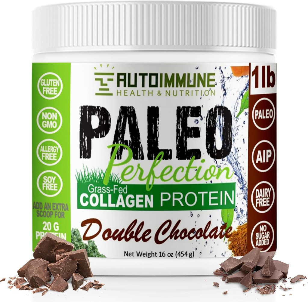 Paleo Perfection Double Chocolate Grass Fed Beef Collagen Protein Powder with Stevia - Paleo, Keto, SCD, AIP Protein Powder with Apple Fiber, Carrot & Broccoli - 1lb Protein Powder & Superfood Blend