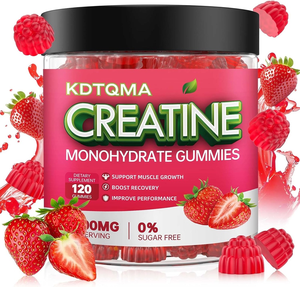 Creatinmonohydrat Gummier til mænd og kvinder 120 CT - 5600mg Creatinmonohydrat per servering, tyggetekerinmonohydrat til muskelstøtte & energi Boost, sukkerfri, Vegan (Strawberry Flavor)