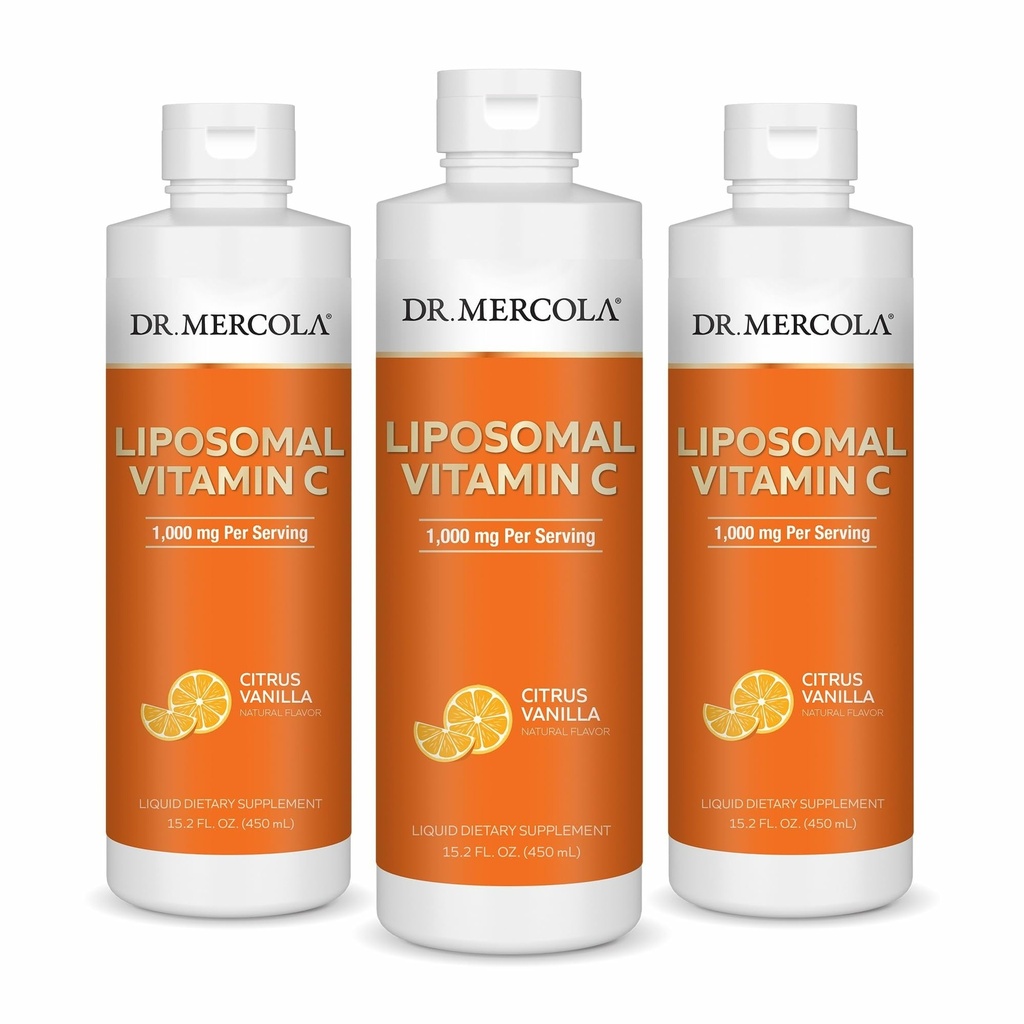 Dr. Mercola Liposomal Vitamin C - Antioxidant & immunforsvar Supplement - Inkluderer vitamin E - GMO- Free, Gluten- Free & Soy- Free - Citrus Vanilla Flavor - 450 ml (30 Servere) - 3 Pack