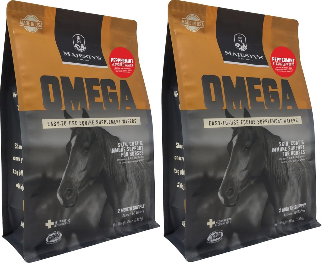 Majestætens Omega Wafers - Superior Horse / Equine Skin, Coat, og immunforsvar supplement - Omega 3, 6, 9, og Biotin (pebermynte, 2 Pack (120 Tæl alt))
