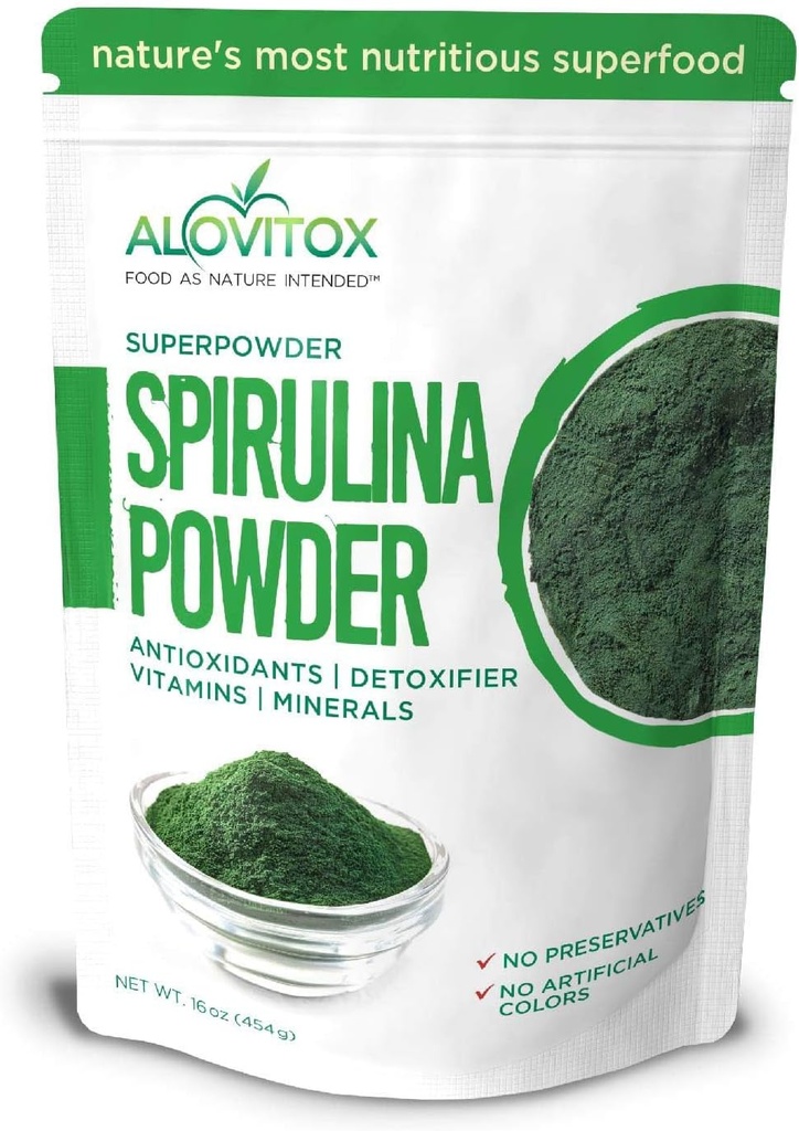 Alovitox Organic Spirulina Powder 124; Nutrient Dense Superfood med antioxidanter, Proteiner, Vitamin A og B, Fiber, Omegas 3, 6 & 9- 100% Organisk, Ingen tilsætningsstoffer / farver, Gluten Free, Vegan, Non- GMO (1 LB)