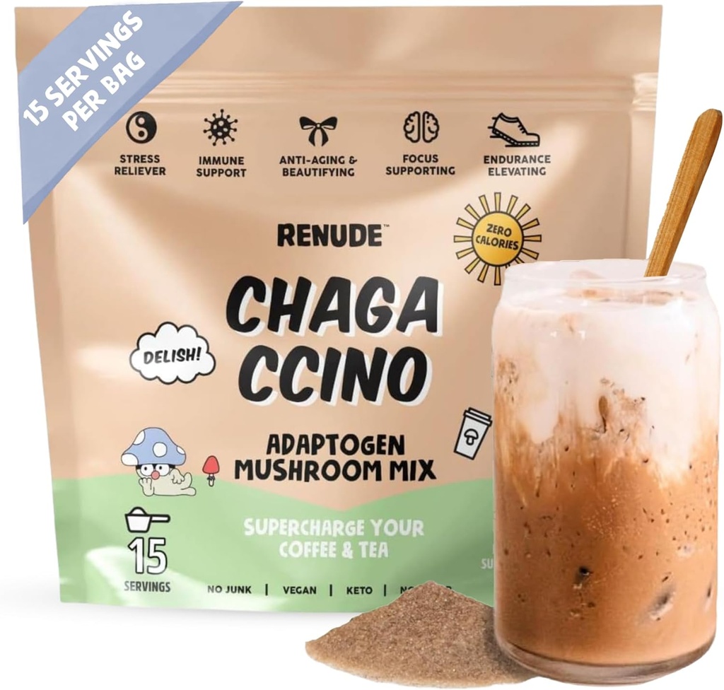 Renude Chagaccino - Chaga Mushroom Powder, Mushroom Coffee Drink Mix med Adaptogens, Natural Energy and Immunsupport, Vegan, Keto, Zero Calorie Mushroom Blend Powder - 15 Serveringer