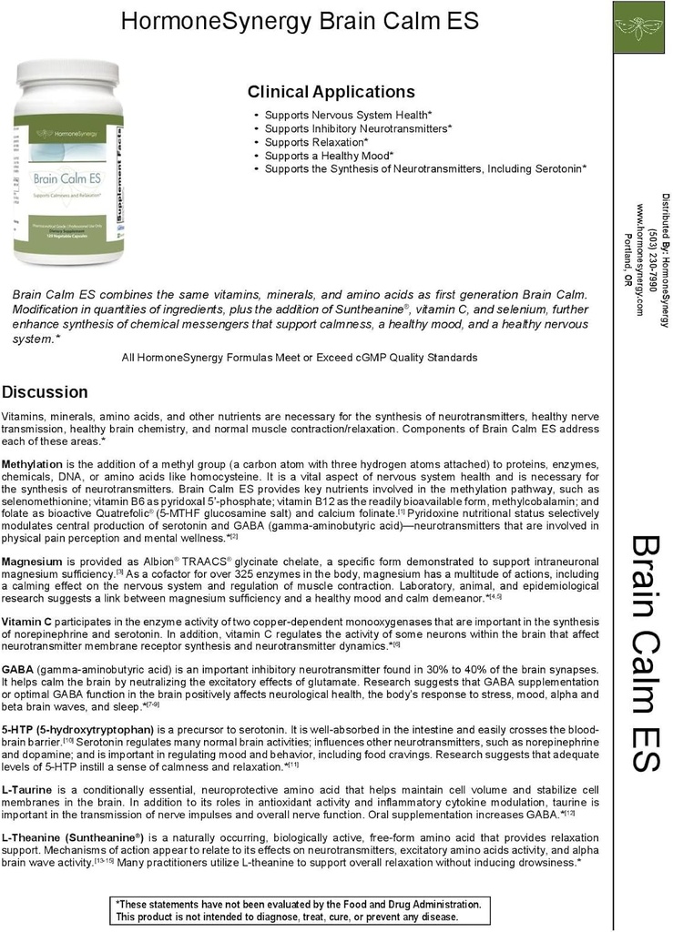 HormoneSynergy RetzlerRx ® Brain Calm ES - Ultimate Support for Calmness & Relaxation - L- Theanine (Suntheanine ®) - TRAACS ® Albion ® Chelated Minerals - GABA - 5- HTP - L- Taurine - 120 V- Caps