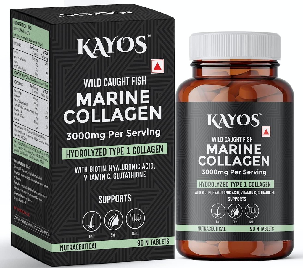 Miri Marine Collagen Tablets - 3000mg Type 1 Collagen Hydrolysat Fish Aminosyrer - med Biotin, Hyaluronsyre, C-vitamin, Glutathion - Knoglehårtæl tillæg - (90 stk)