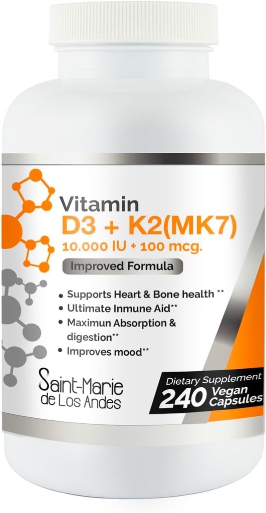 D3- vitamin 10. 000 IE K2 / MK7 100 mcg. højpotens Supply 8 Months Supply. Non- GMO for ben, hjerte og immunforsvar.
