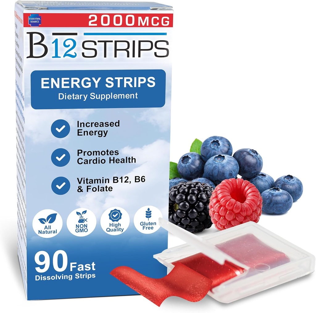 Essential Source 2000 mcg Methylcobalamin Vitamin B12 Sublingual Energy Strips Б124; Biotin, B6, 5-MTHF L- Methylfolate Б124; Sublingual B12 Vitamin, Folate Б124; Energy, Brain Health, Nerve Function - 90 Strips