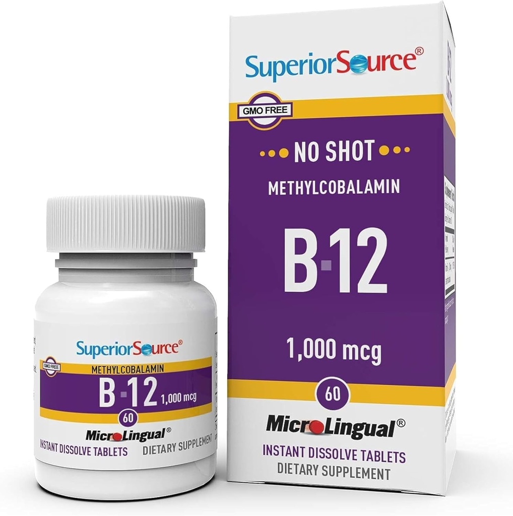 Superior Source No Shot Methylcobalamin B- 12 1.000 mcg - Vitamin B- 12 til støtte for energiproduktion, hjerne sundhed & samlede wellness - Sublinguale tabletter til hurtig absorption - 60 opløselige tabletter