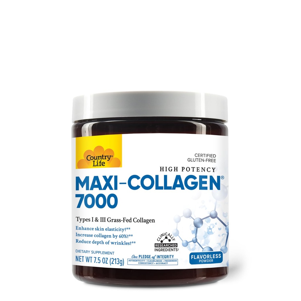 Country Life Maxi- Collagen 7000 Powder - Verisol Bioactive Collagen Peptider, C-vitamin, A & Biotin, 4 500 mg Type I & III Grass- Fed Collagen - Understøtter hud, hår, negle & fælles sundhed, 7, 5 oz