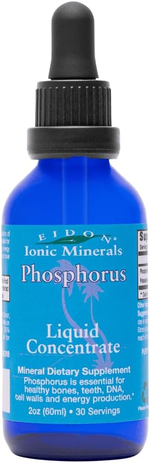 Eidon Ionic Minerals Flydende Phosphorus - Phosphorus Drops Supplement, Kalium Phosphat Mineral Drops til vand, Support Energy Production, Support Ben og tænder Sundhed, 2 oz
