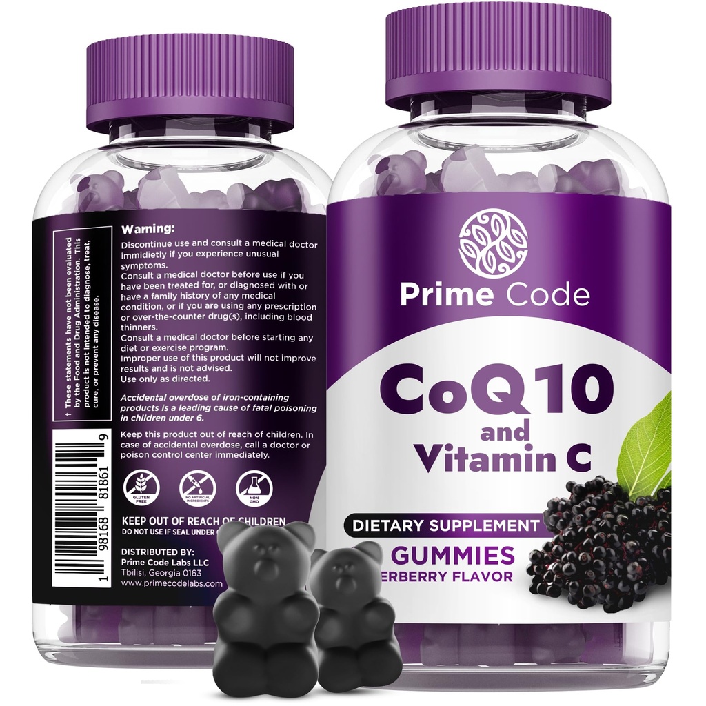 Prime Code CoQ10 200mg & vitamin C 250 mg Gummies - Antioxidant & immunforsvar - Heart & Energy Supplement for voksne - Vegan, non-GMO, Gluten- Free - Elderberry Flavor - 60 Gummies