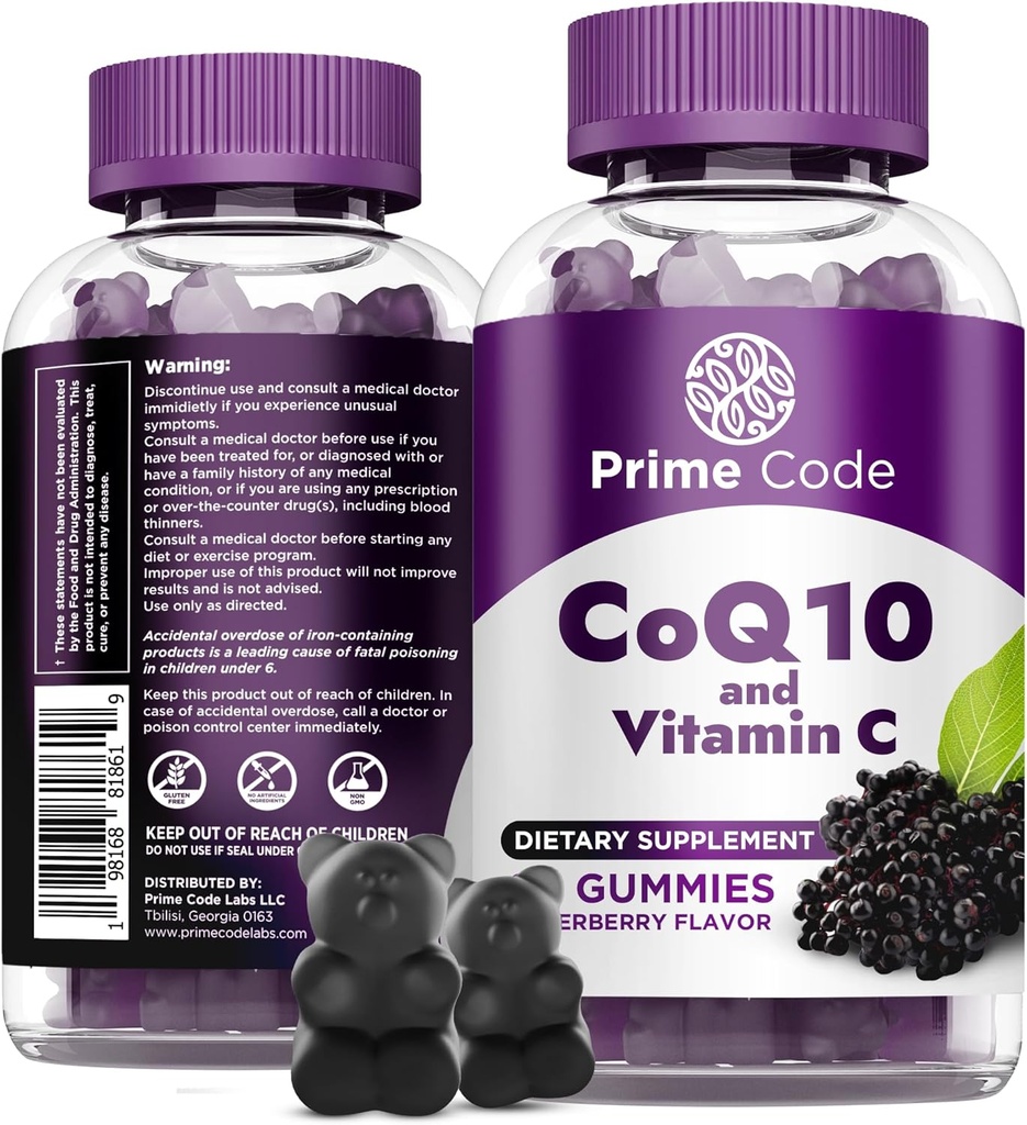 Prime Code CoQ10 200mg & vitamin C 250 mg Gummies - Antioxidant & immunforsvar - Heart & Energy Supplement for voksne - Vegan, non-GMO, Gluten- Free - Elderberry Flavor - 60 Gummies