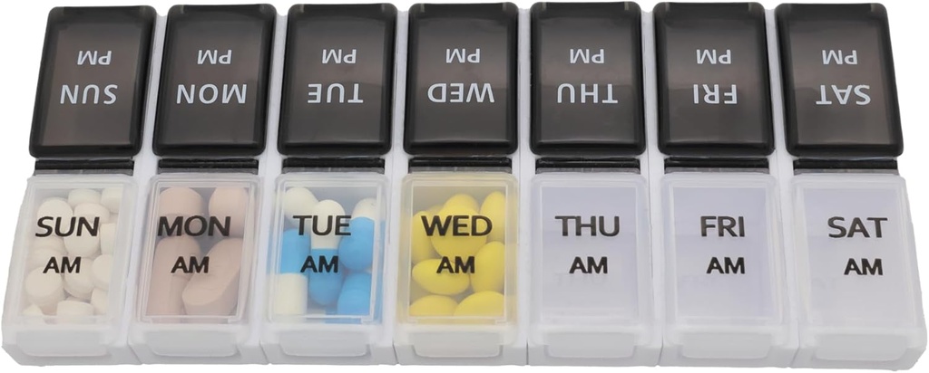 7 Dag Ugentlig Pill AM PM Organizer, ShysTech Stor Pill sag Pill Box for piller / Vitamin / Kosttilskud / Medicin (Separable, Small Black / White)