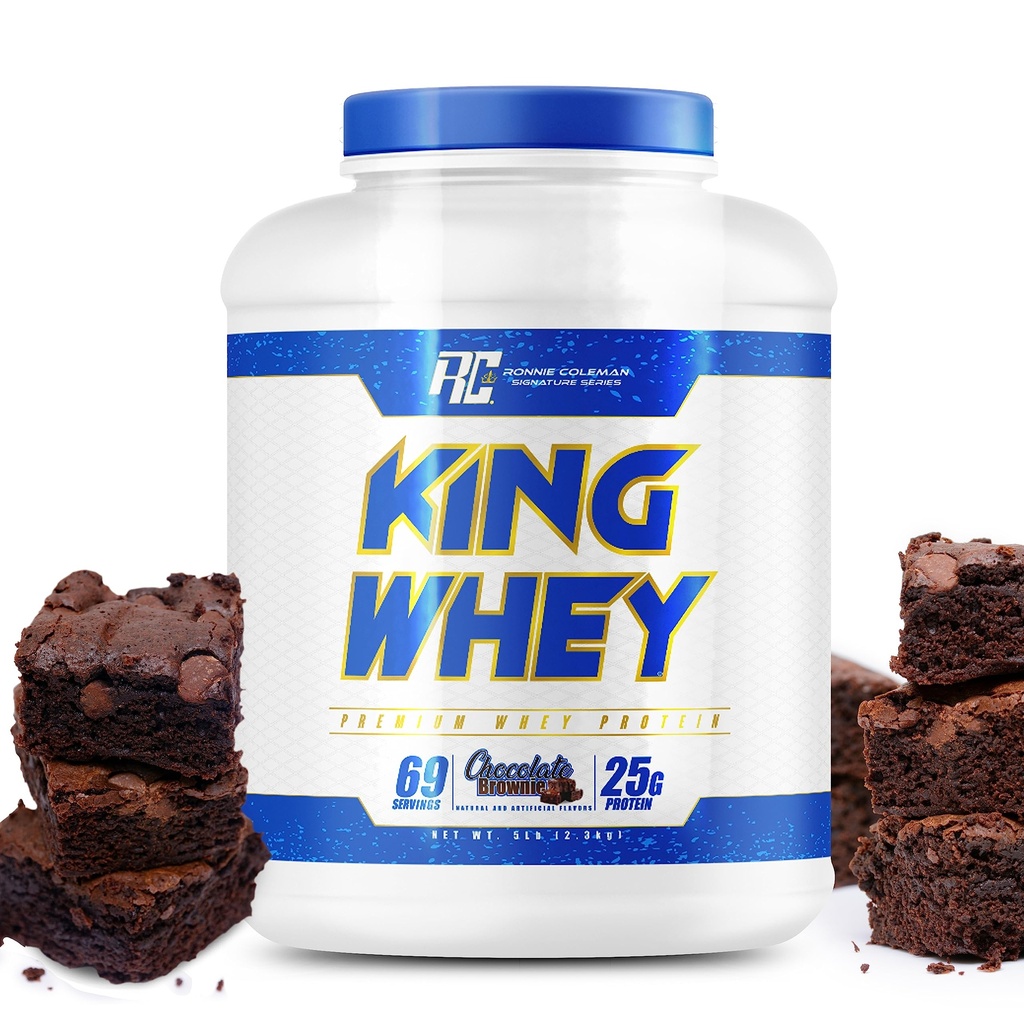 Ronnie Coleman Signature Series Whey Koncentrat + Isolate Protein Powder, Pre Workout Shake Mix for Lean Muscle Support, Low Sugar Supplement for Kvinder & Mænd, Chokolade Brownie Flavor, 5 lbs
