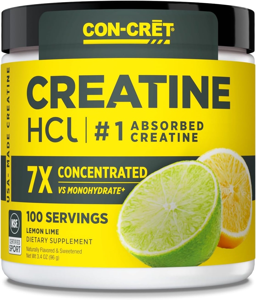 CON- CRET Creatin HCl Pulver • 124; Muskel, Kognitiv, Cellular Energy Support • 124; Ingen Bloating eller Cramps • 124; USA Made & NSF Certified • 124; Lemon Lime (100 Servering)