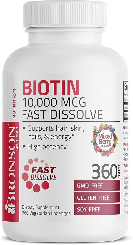 Bronson Biotin 10.000 MCG Lozenges hurtigt opløses høj potens understøtter hår, hud & negle blandet berry flavor - non-GMO, 360 vegetar Lozenges