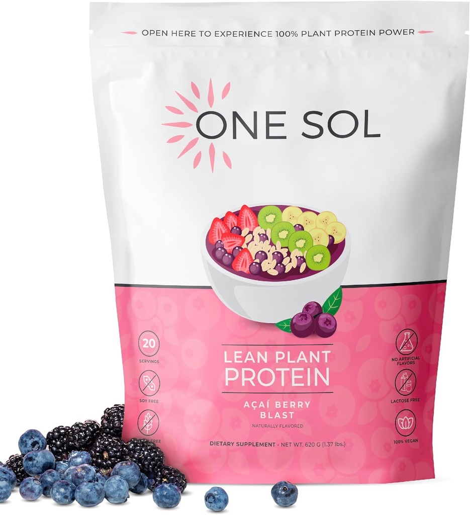 En Sol Lean Plant- baseret protein pulver, Pea & Brown Rice Protein, Low Carb, Vegansk Friendly - Gluten, Lactose, & Soy Free - Ingen tilsat sukker, ikke-GMO, Ren ernæring, Ingen Bloating (Acai Berry Blast)
