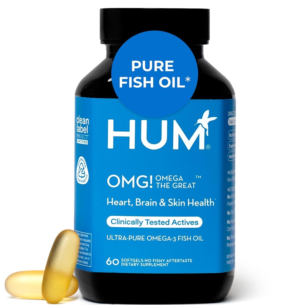 HUM OMG! Omega Den store tredobbelt Omega 3 Fish Oil supplement til kvinder og mænd med vitamin E, DHA & EPA, hudpleje & hud Tone støtte til hjerte & hjerne sundhed, gluten fri, ikke GMO, 60 Softgels