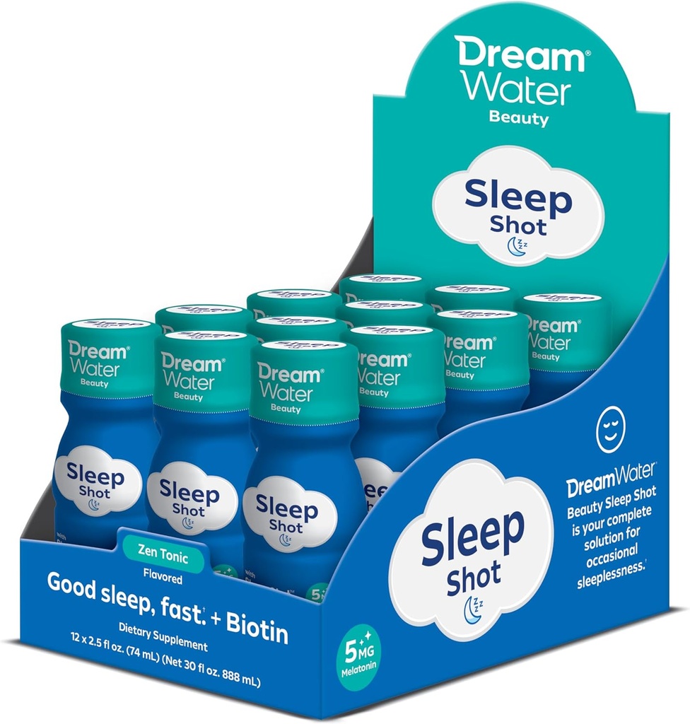 Dream Water Beauty Sleep Aid Drikke Supplement; Melatonin 5mg, GABA, 5-HTP, Plus Biotin for sund hud, hår og negle; 2,5 oz flydende dvalesko, Zen Tonic 12-greve