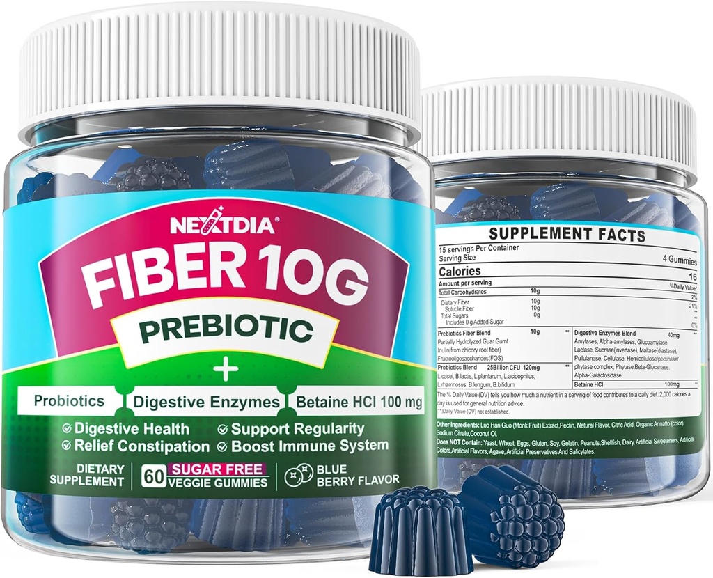 Fiber Gummies for voksne, Sugar Free 10g Prebiotic Fiber tillæg med fordøjelsesenzymer, Probiotika & 100mg betain for fordøjelsessygdomme & Gut Sundhed og Regulere tarmbevægelse, Vegan, Gelatine Free, 60ct