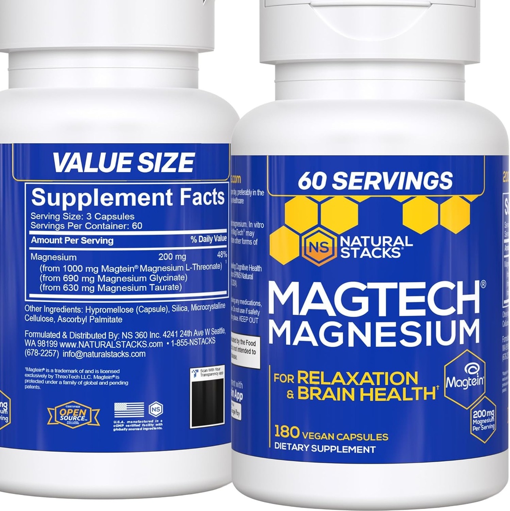 MagTech Magnesiumsupplement - 3 former for Magnesium: Magtein L- Threonat, Glycinat & Taurat - 200mg chelateret Magnesiumkompleks - Understøtter afslapning & hjernesundhed - 180 kapsler