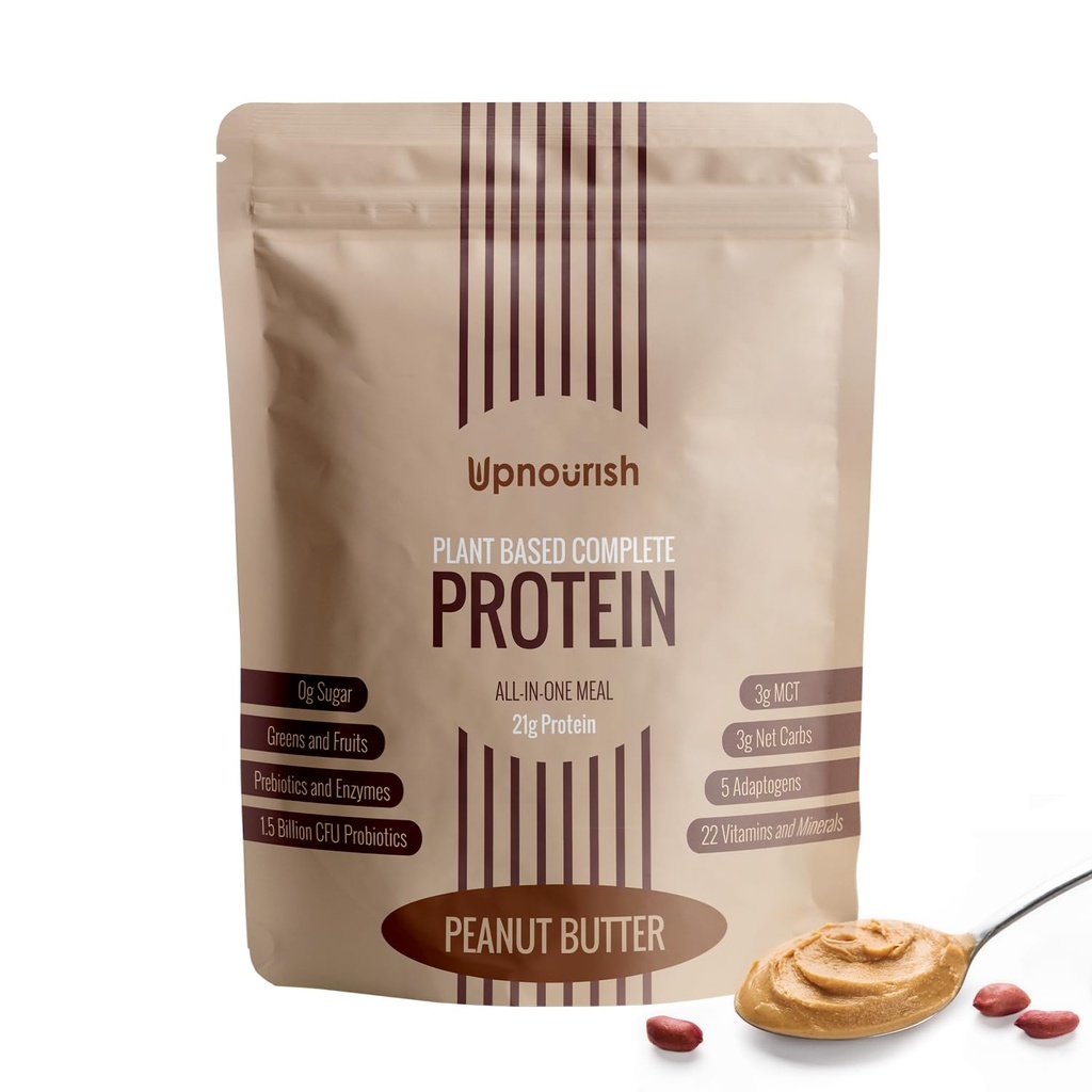 UpNourish Peanut Butter Vegan Protein Powder 54 Superfood Powder, 1,5 Millioner CFU Probiotika 21g Plantebaseret Protein, Ingen Sukker Ingen Mælk Ingen GMO Dairy Free, Meal Erstatning Shake Keto- Friendly Low- Carb Diet, 15 Servere