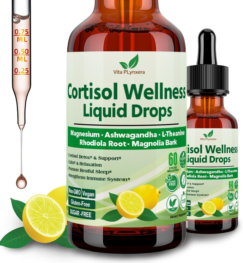 Cortisol Supplement Liquid Drops, 17- in-1 Cortisol Detox w. Magnesium Glycinate 400mg Ashwagandha, L- Theanine, Phosphatidylserin, Hormon Balanceret for kvinder, Mood Focus, Sleep Support