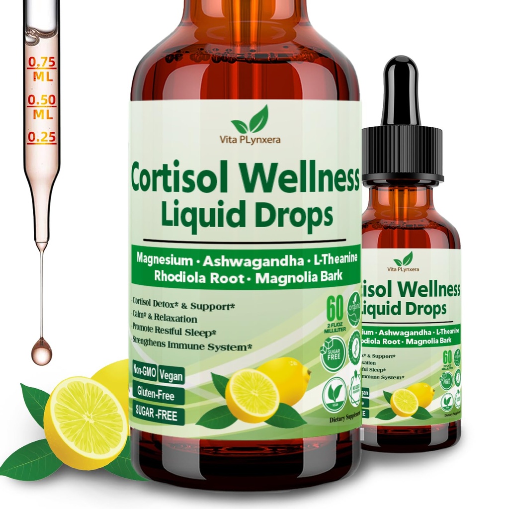 Vita PLynxera Cortisol Supplement Liquid Drops, 17-in-1 Cortisol Detox w. Magnesium Glycinate 400mg Ashwagandha, L-Theanine, Phosphatidylserine, Hormone Balanced for Women, Mood Focus, Sleep Support